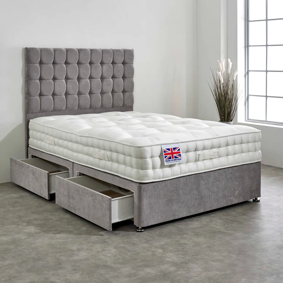 Super King Divan Bed Set with Diamond Studded Cube Headboard UK